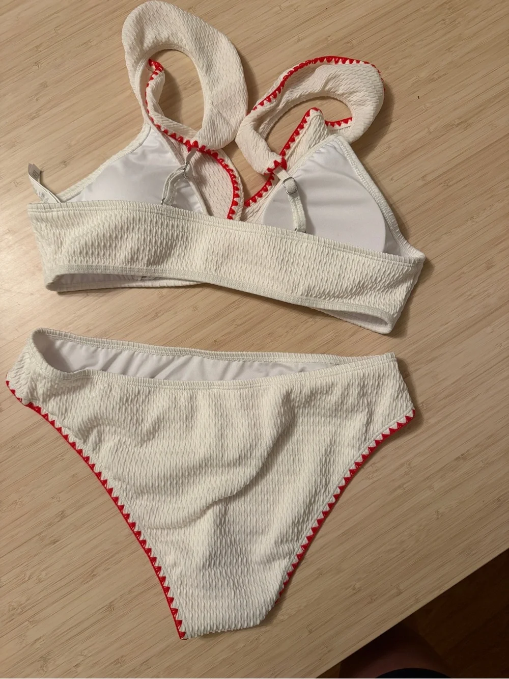 White & Red Trim Textured Bikini Set - Women Swim